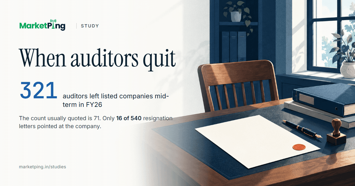 An auditor's empty desk with a sealed letter, a fountain pen and a rubber stamp, under the title When auditors quit